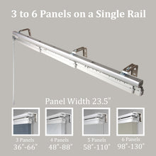 Load image into Gallery viewer, 3-Panel Single Rail Panel Track Blind Extendable 36&quot;-66&quot;W x 91.4&quot;H, Panel width 23.5&quot;, Whirl White, Woven Gray
