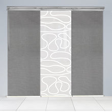 Load image into Gallery viewer, 3-Panel Single Rail Panel Track Blind Extendable 36&quot;-66&quot;W x 91.4&quot;H, Panel width 23.5&quot;, Whirl White, Woven Gray
