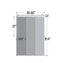 Load image into Gallery viewer, 3-Panel Single Rail Panel Track Blind Extendable 36&quot;-66&quot;W x 91.4&quot;H, Panel width 23.5&quot;, Whirl White, Canary
