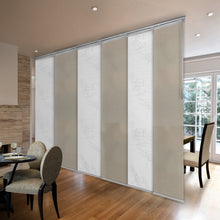 Load image into Gallery viewer, 6-Panel Single Rail Panel Track Blind Extendable 70&quot;-130&quot;W x 91.4&quot;H, Panel width 23.5&quot;, Lotus, Cornsilk
