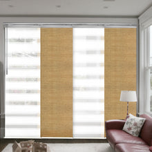 Load image into Gallery viewer, 4-Panel Single Rail Panel Track Blind Extendable 48&quot;-88&quot;W x 91.4&quot;H, Panel width 23.5&quot;, Macadamia, Canary
