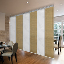 Load image into Gallery viewer, 6-Panel Single Rail Panel Track Blind Extendable 70&quot;-130&quot;W x 91.4&quot;H, Panel width 23.5&quot;, Lotus, Canary
