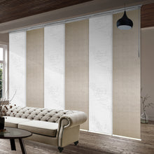 Load image into Gallery viewer, 6-Panel Single Rail Panel Track Blind Extendable 70&quot;-130&quot;W x 91.4&quot;H, Panel width 23.5&quot;, Lotus, Iris
