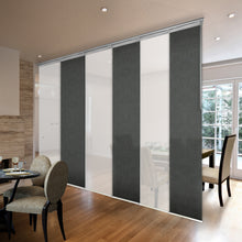 Load image into Gallery viewer, 6-Panel Single Rail Panel Track Blind Extendable 70&quot;-130&quot;W x 91.4&quot;H, Panel width 23.5&quot;, Winter, Smoke
